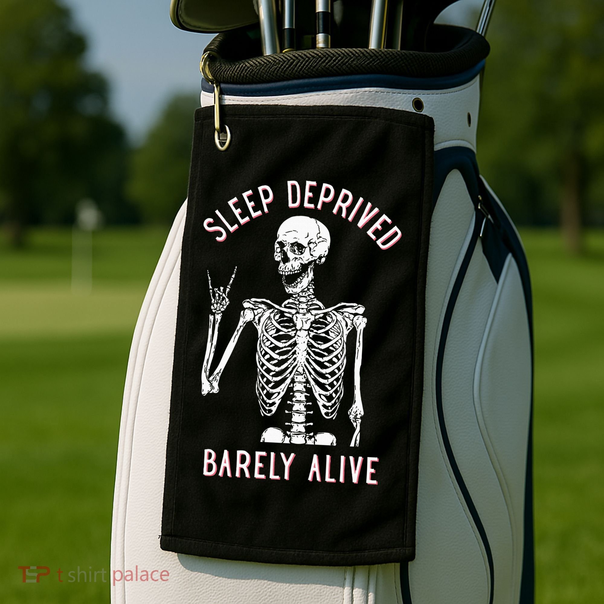 Sleep Deprived Barely Alive Funny Skeleton Halloween Golf Towel