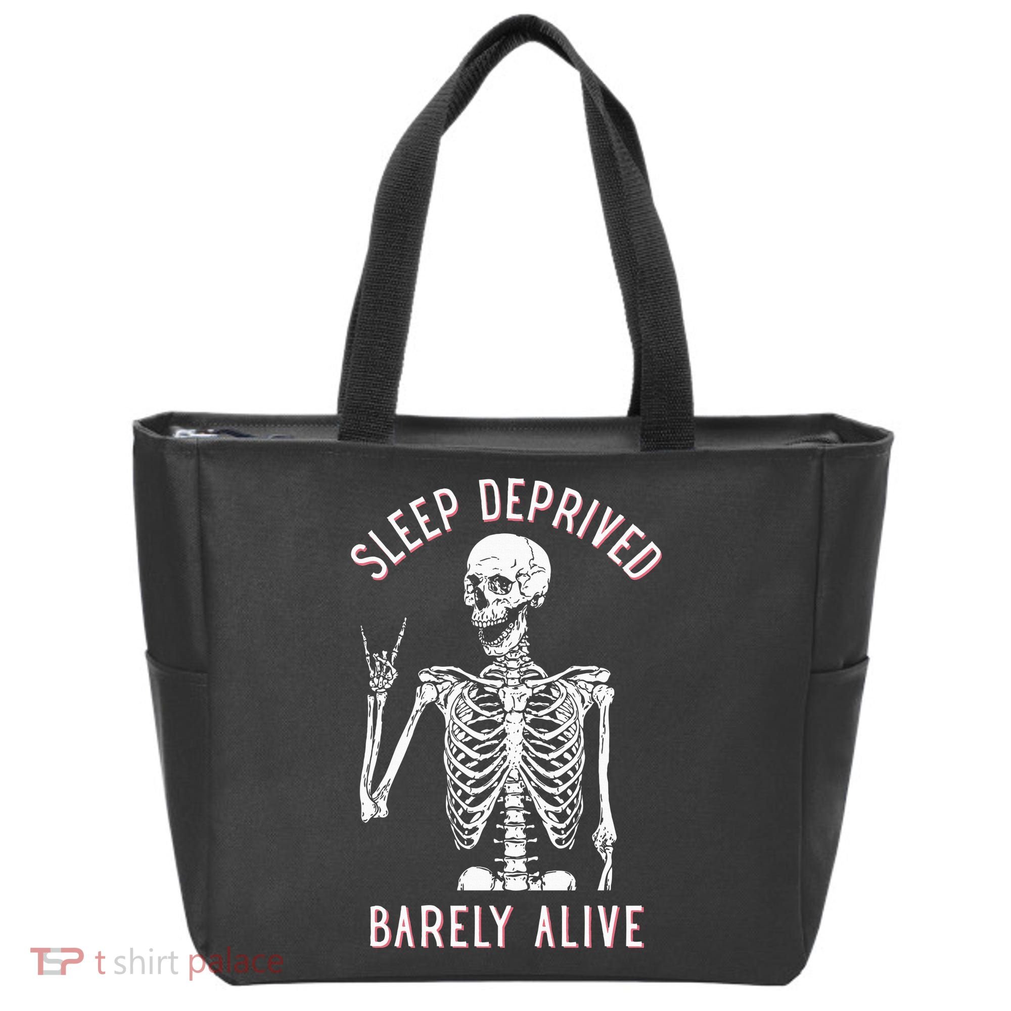 Sleep Deprived Barely Alive Funny Skeleton Halloween Tote Bag