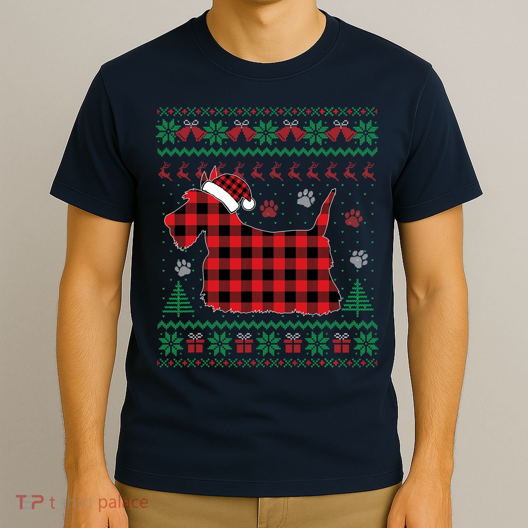 Scottie Dog Christmas Pajama Red Plaid Scottish Ugly Sweater T-Shirt