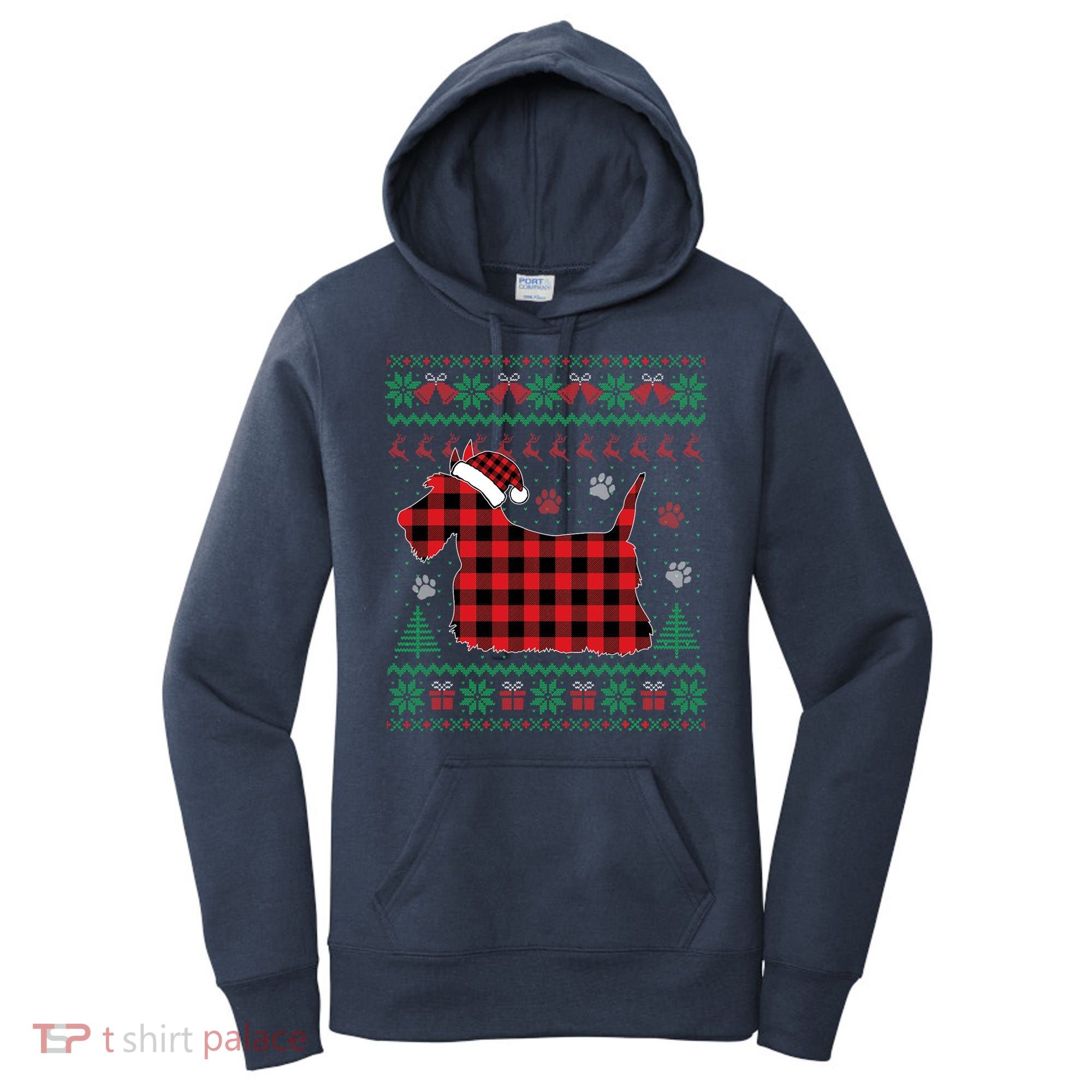 Scottie Dog Christmas Pajama Red Plaid Scottish Ugly Sweater Women's Hoodie