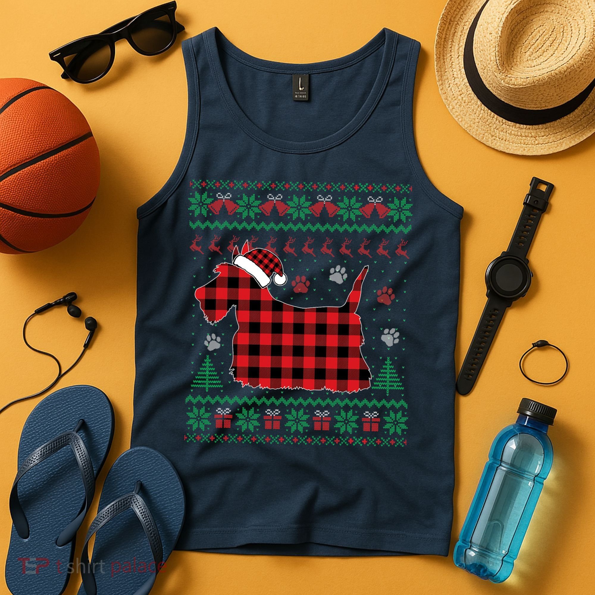 Scottie Dog Christmas Pajama Red Plaid Scottish Ugly Sweater Tank Top