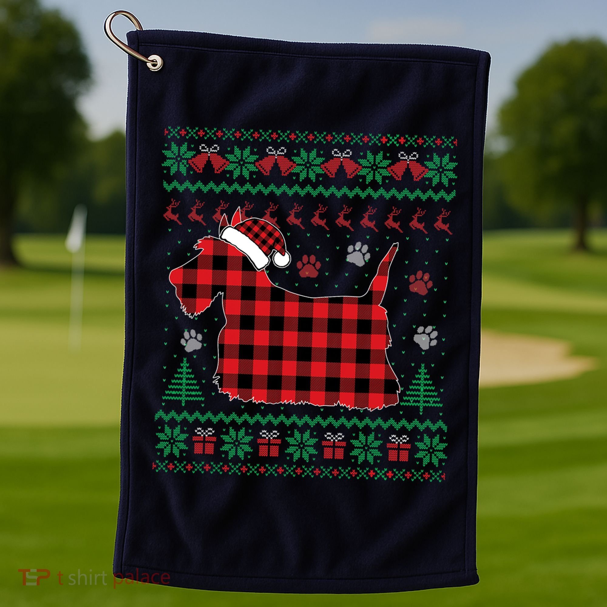 Scottie Dog Christmas Pajama Red Plaid Scottish Ugly Sweater Golf Towel