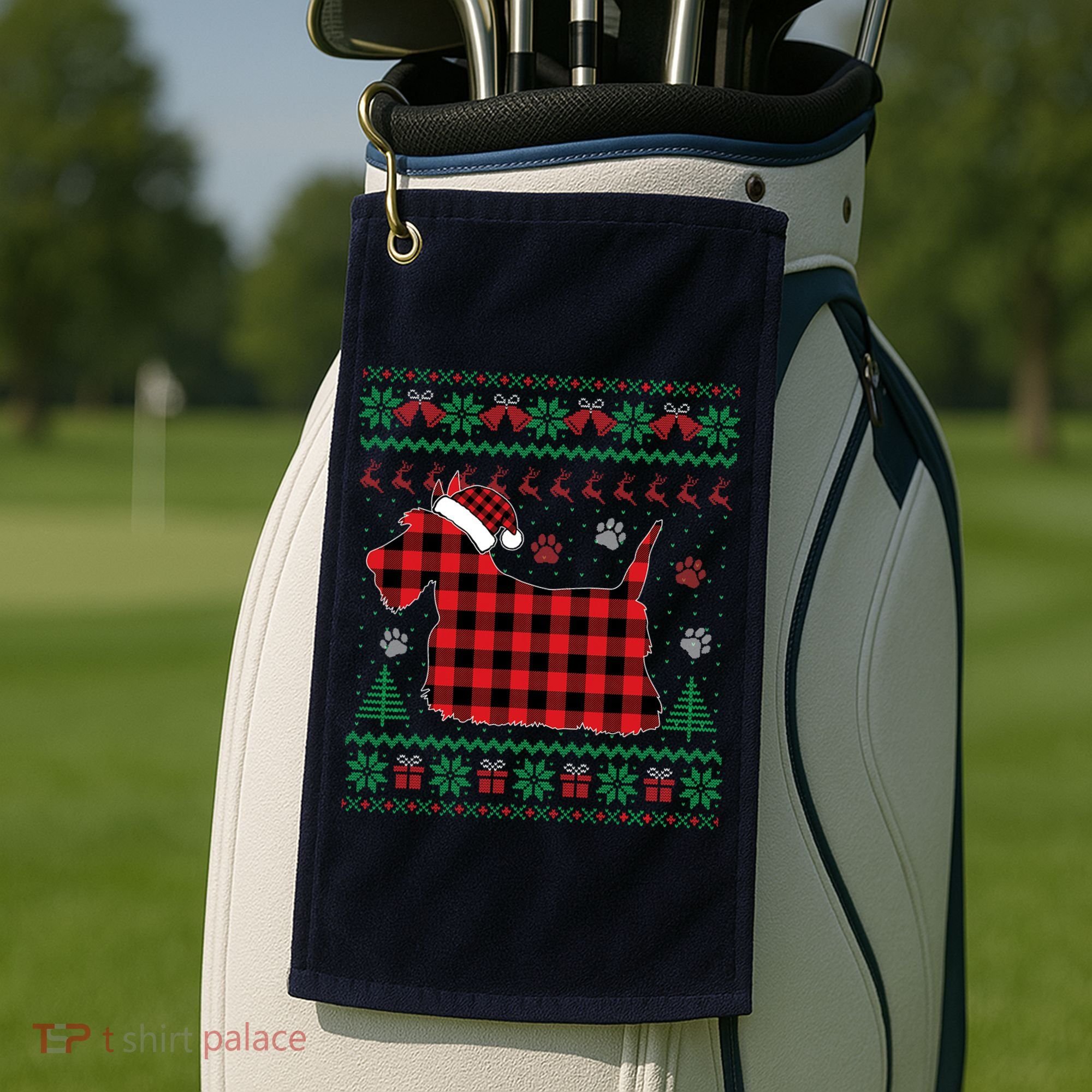 Scottie Dog Christmas Pajama Red Plaid Scottish Ugly Sweater Golf Towel