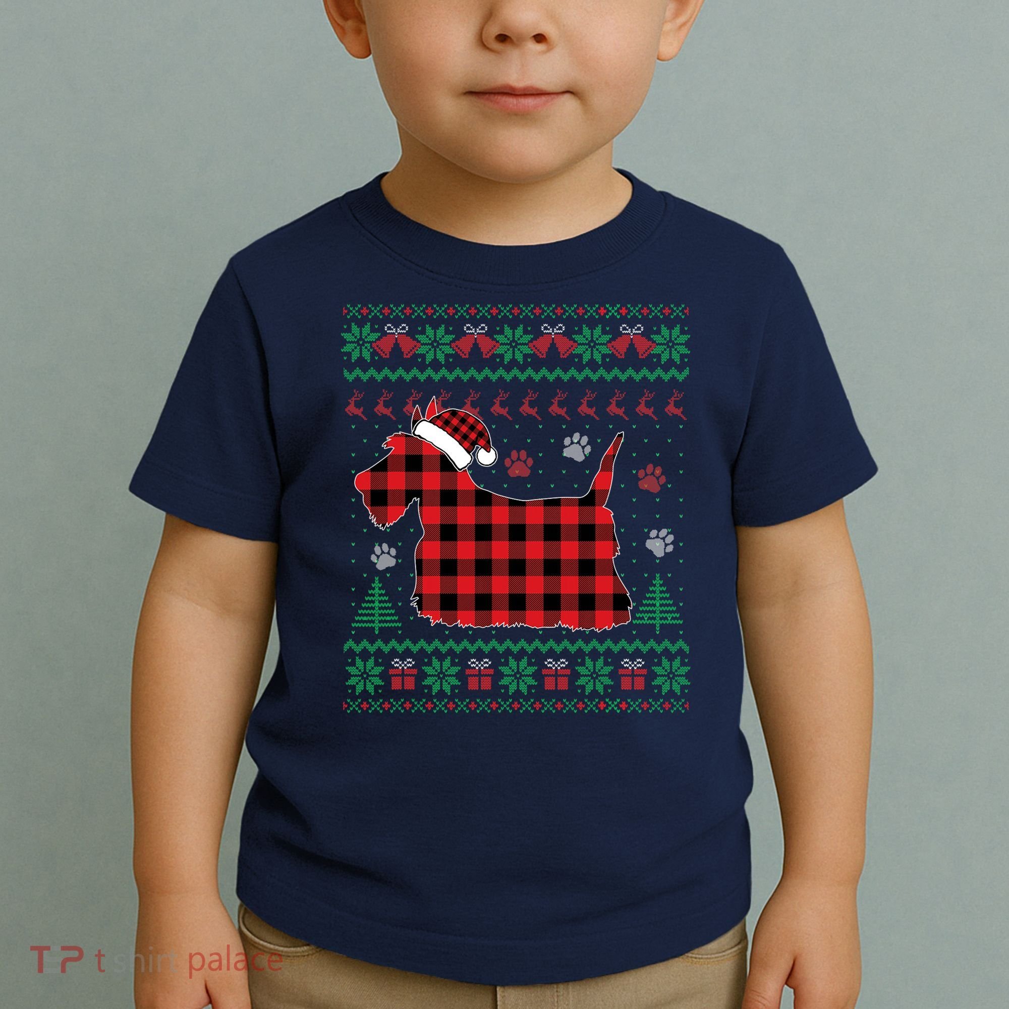 Scottie Dog Christmas Pajama Red Plaid Scottish Ugly Sweater Toddler T-Shirt