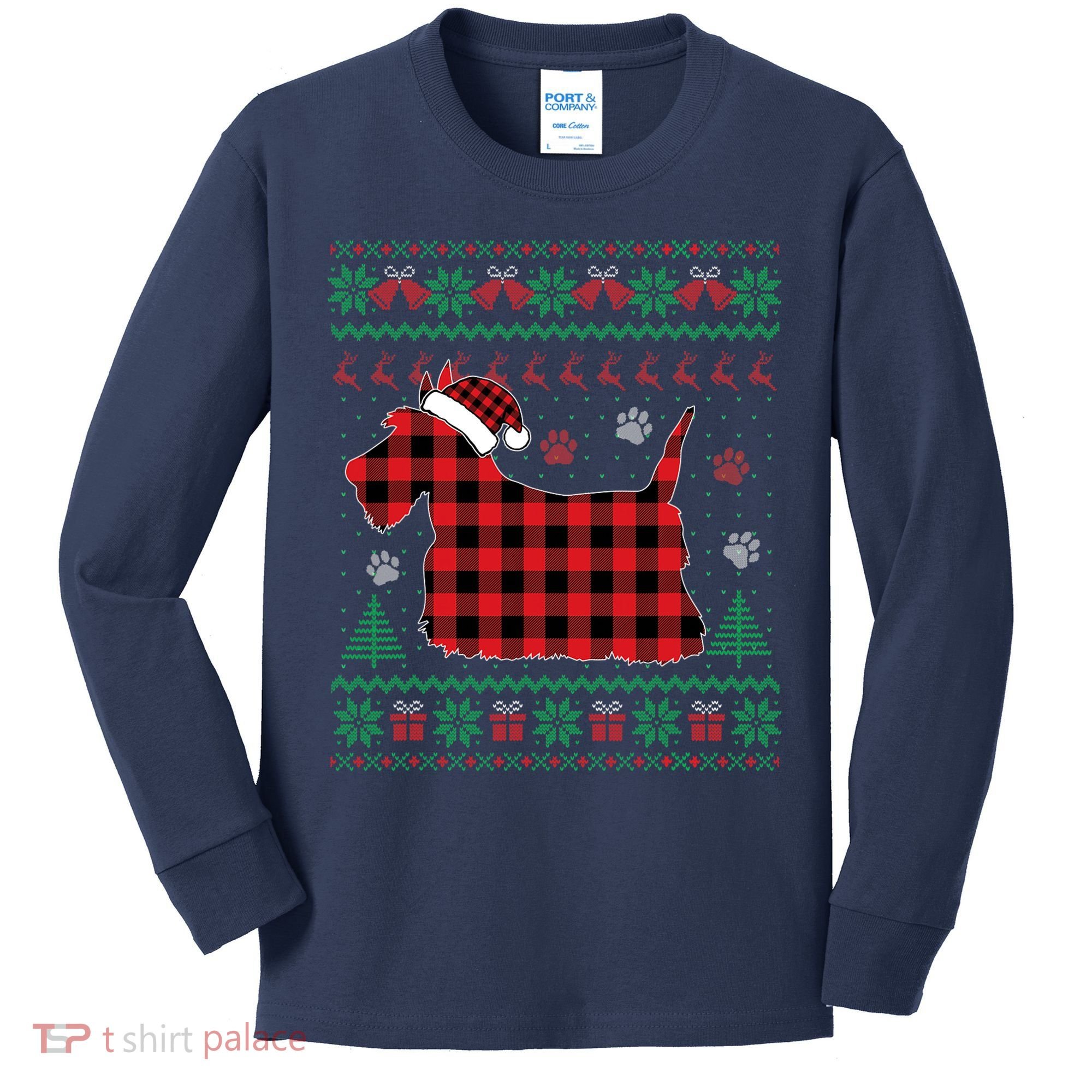 Scottie Dog Christmas Pajama Red Plaid Scottish Ugly Sweater Kids Long Sleeve Shirt