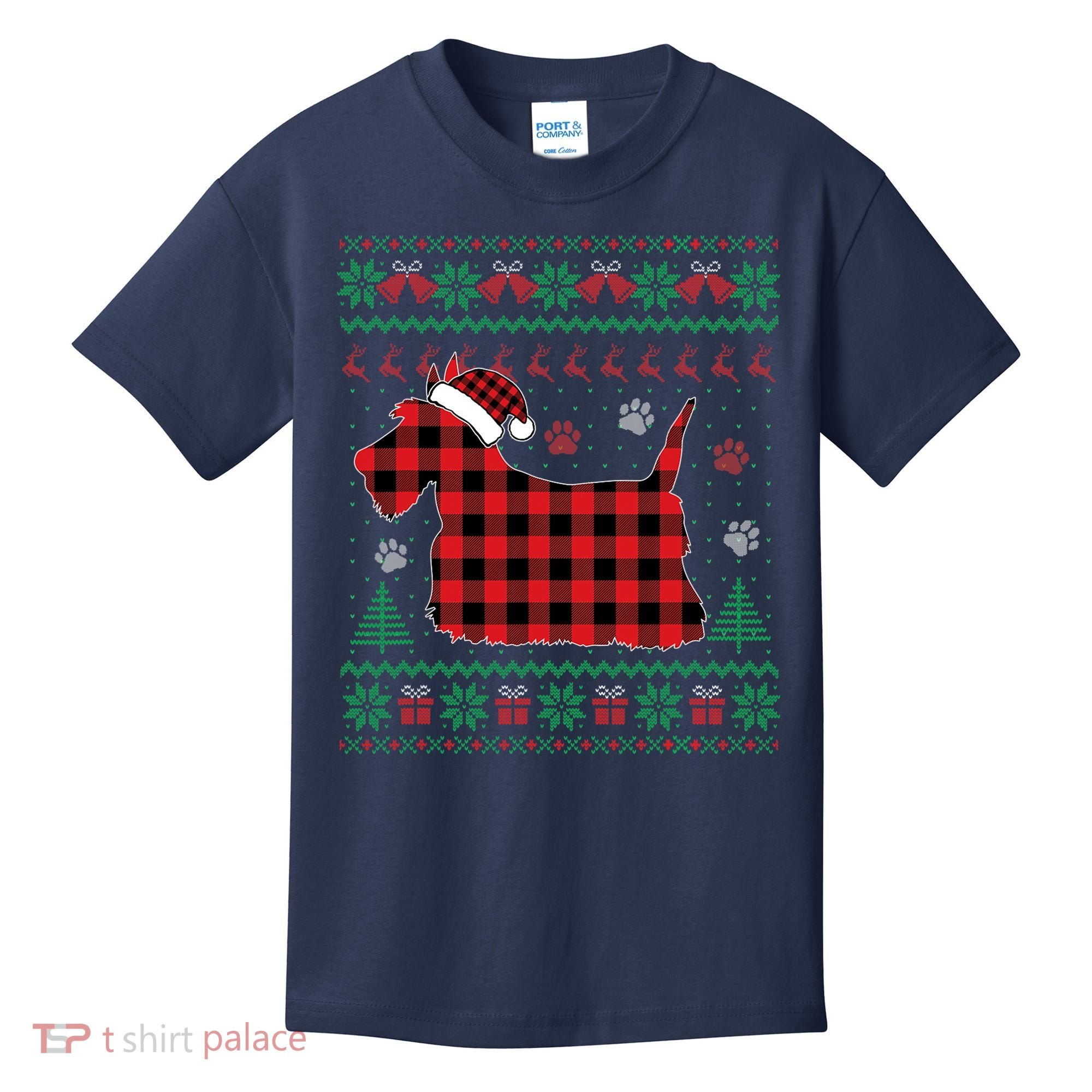 Scottie Dog Christmas Pajama Red Plaid Scottish Ugly Sweater Kids T-Shirt