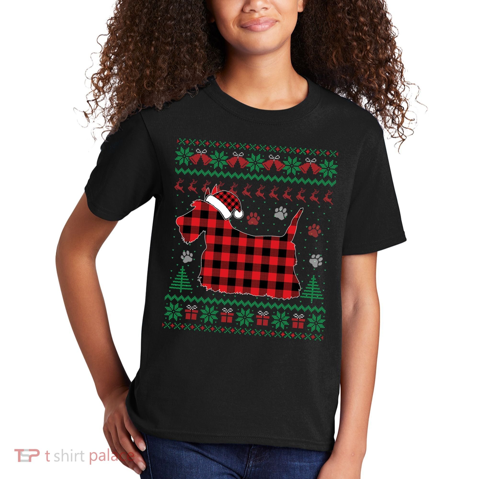 Scottie Dog Christmas Pajama Red Plaid Scottish Ugly Sweater Kids T-Shirt