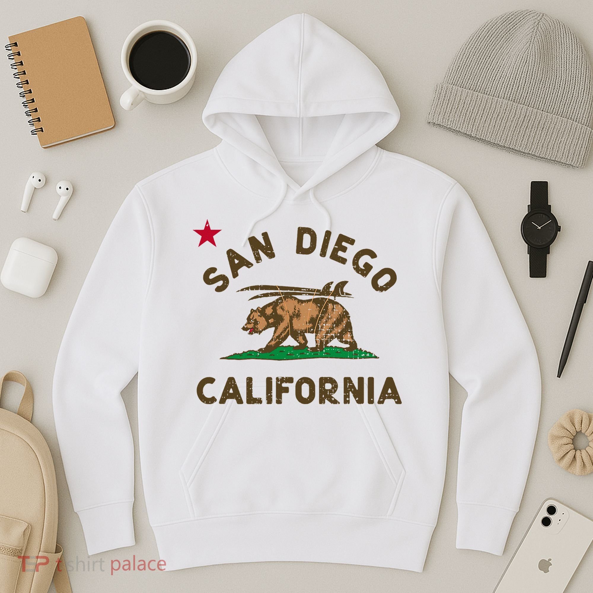 San Diego California Beach Flag Bear Surf Ca Hoodie