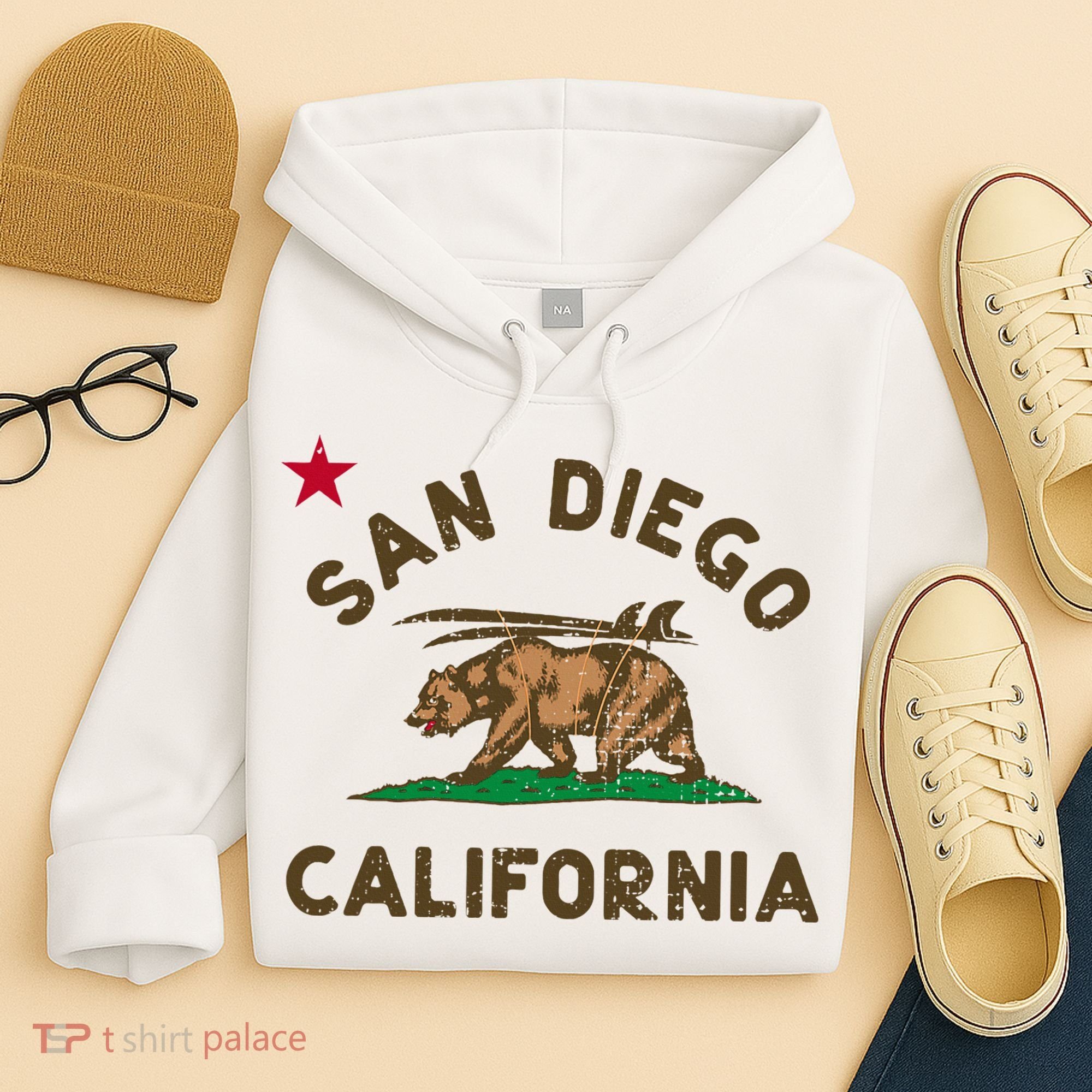 San Diego California Beach Flag Bear Surf Ca Hoodie