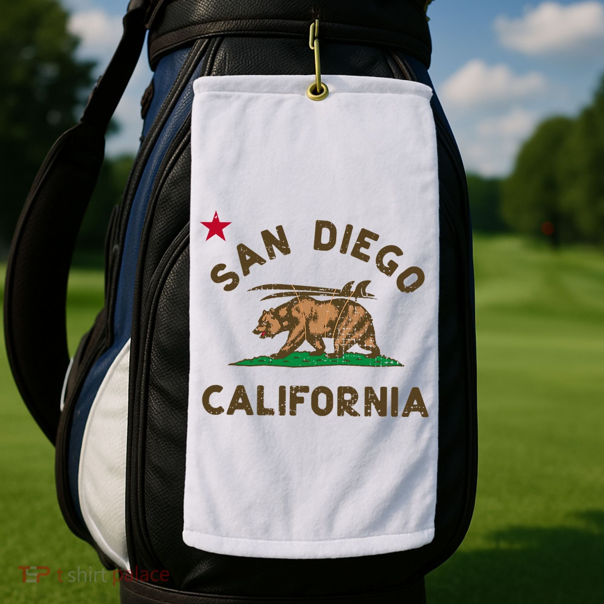 San Diego California Beach Flag Bear Surf Ca Golf Towel