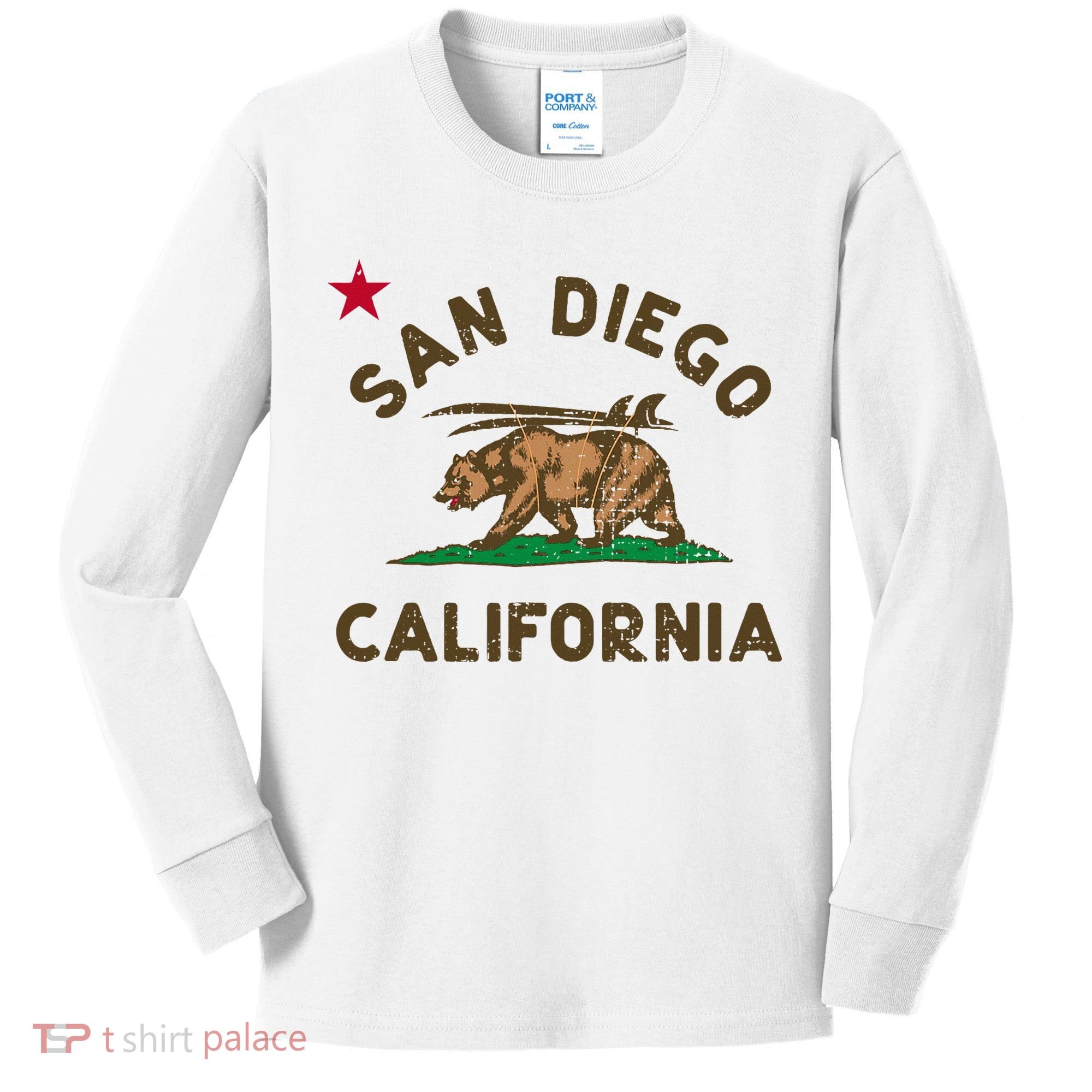 San Diego California Beach Flag Bear Surf Ca Kids Long Sleeve Shirt