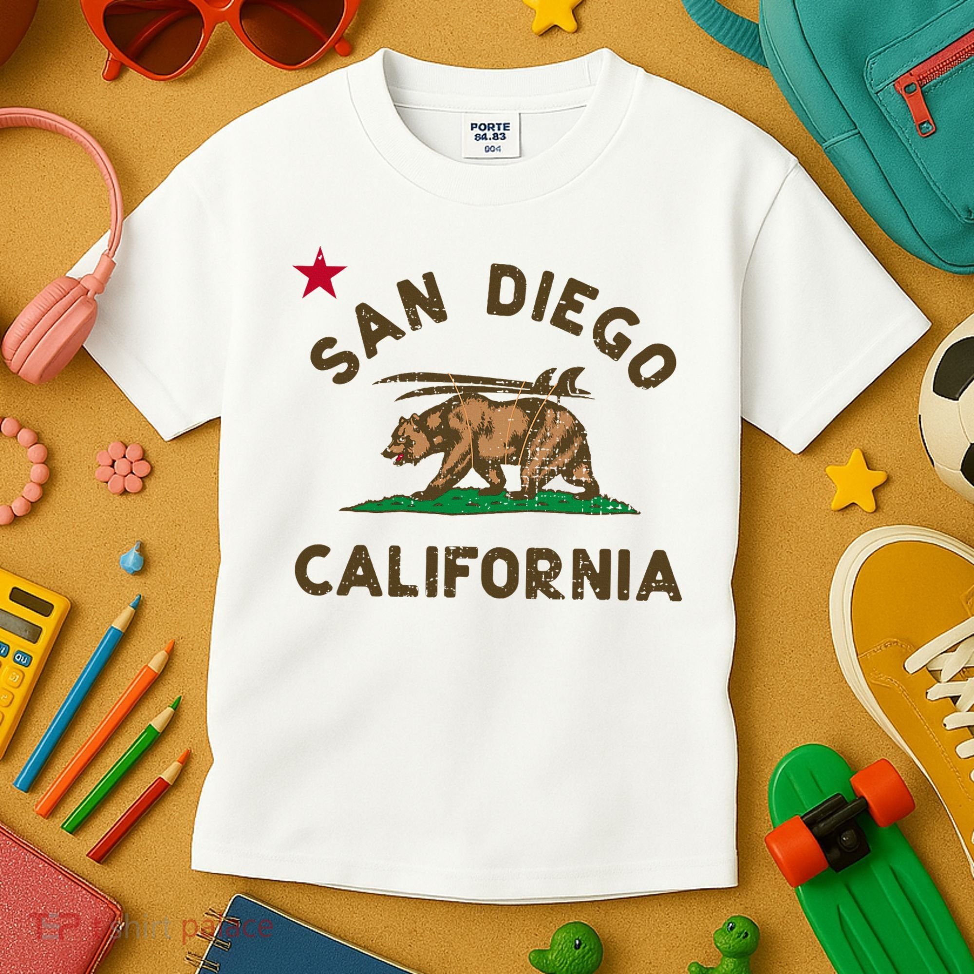 San Diego California Beach Flag Bear Surf Ca Kids T-Shirt