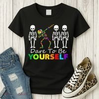 Skeleton Dabbing Dare To Be Yourself Funny Autism Women's T-Shirt thumb 3