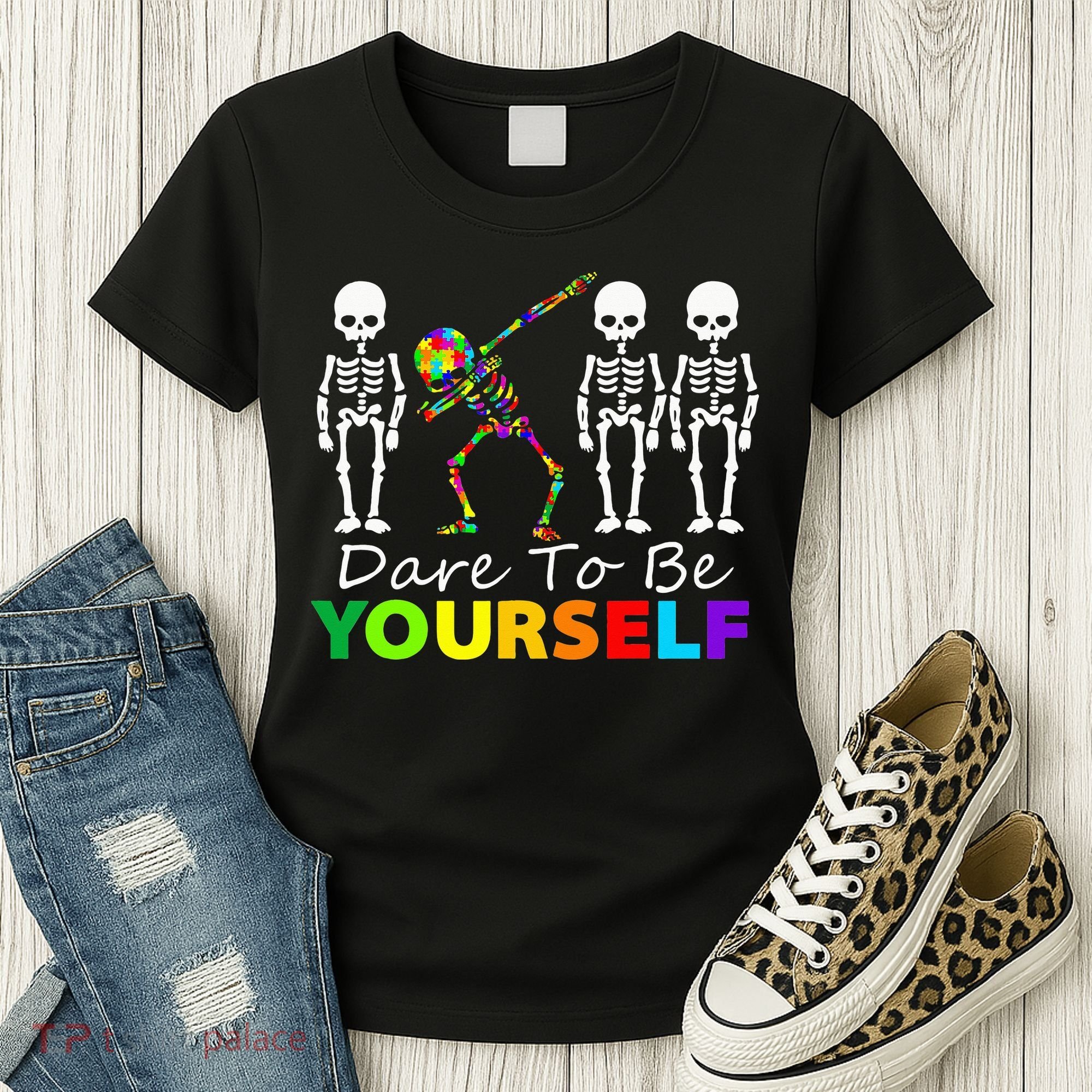 Skeleton Dabbing Dare To Be Yourself Funny Autism Women's T-Shirt
