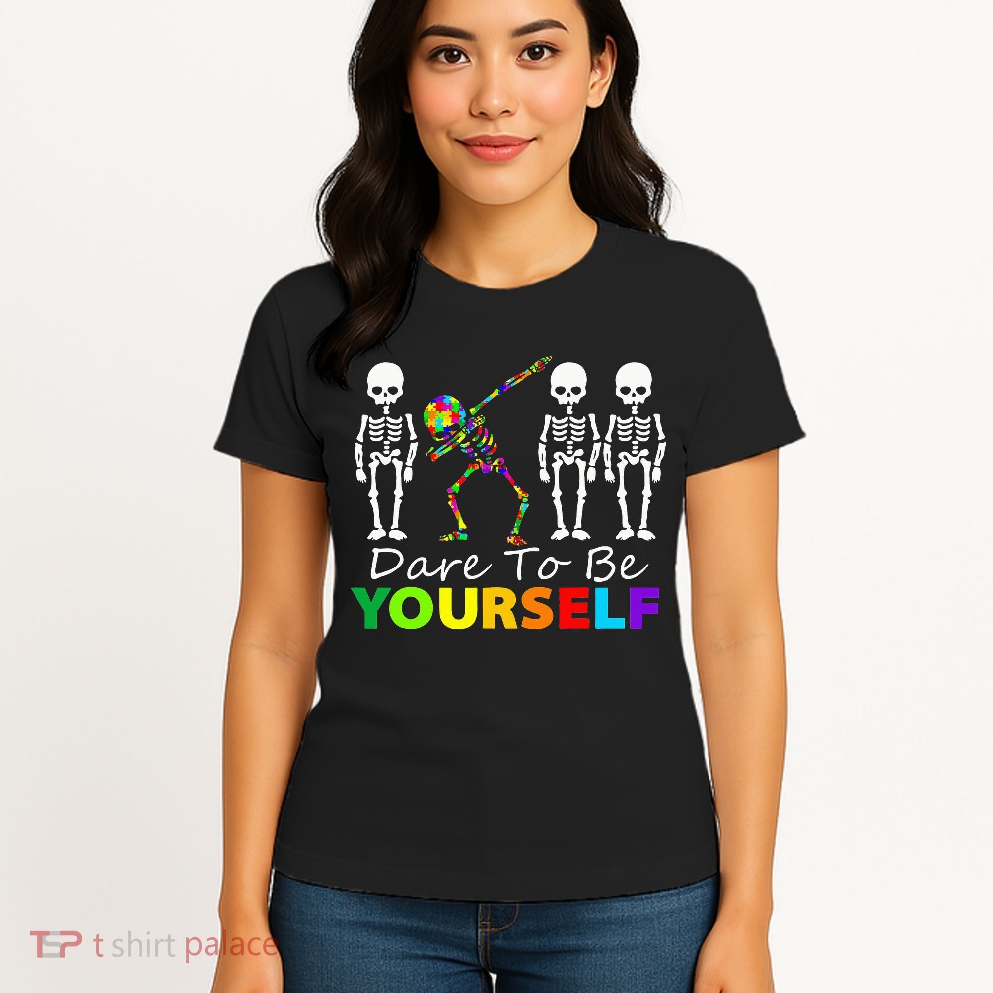 Skeleton Dabbing Dare To Be Yourself Funny Autism Women's T-Shirt