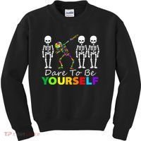 Skeleton Dabbing Dare To Be Yourself Funny Autism Kids Sweatshirt thumb 0
