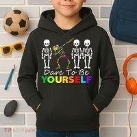 Skeleton Dabbing Dare To Be Yourself Funny Autism Kids Hoodie thumb 2