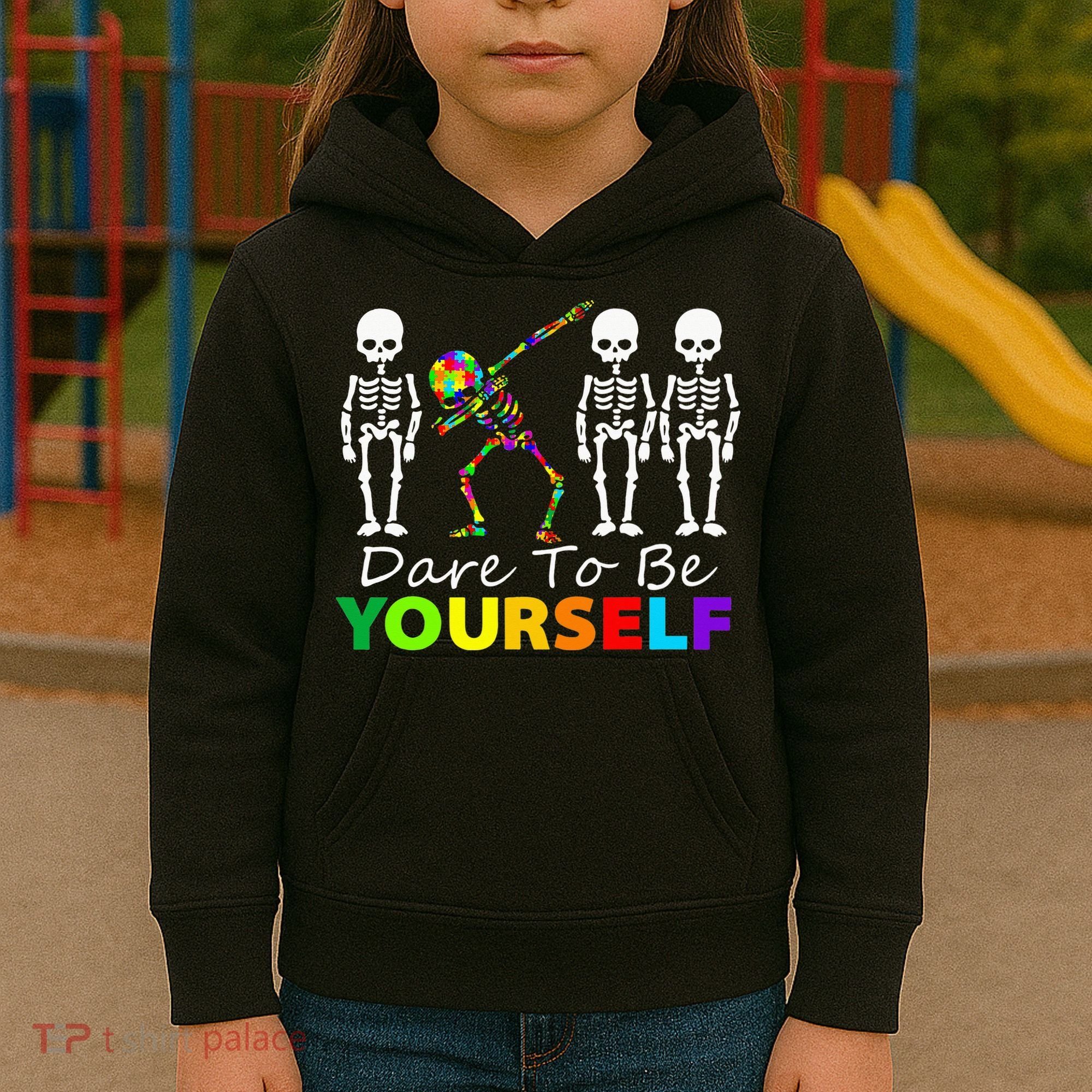 Skeleton Dabbing Dare To Be Yourself Funny Autism Kids Hoodie