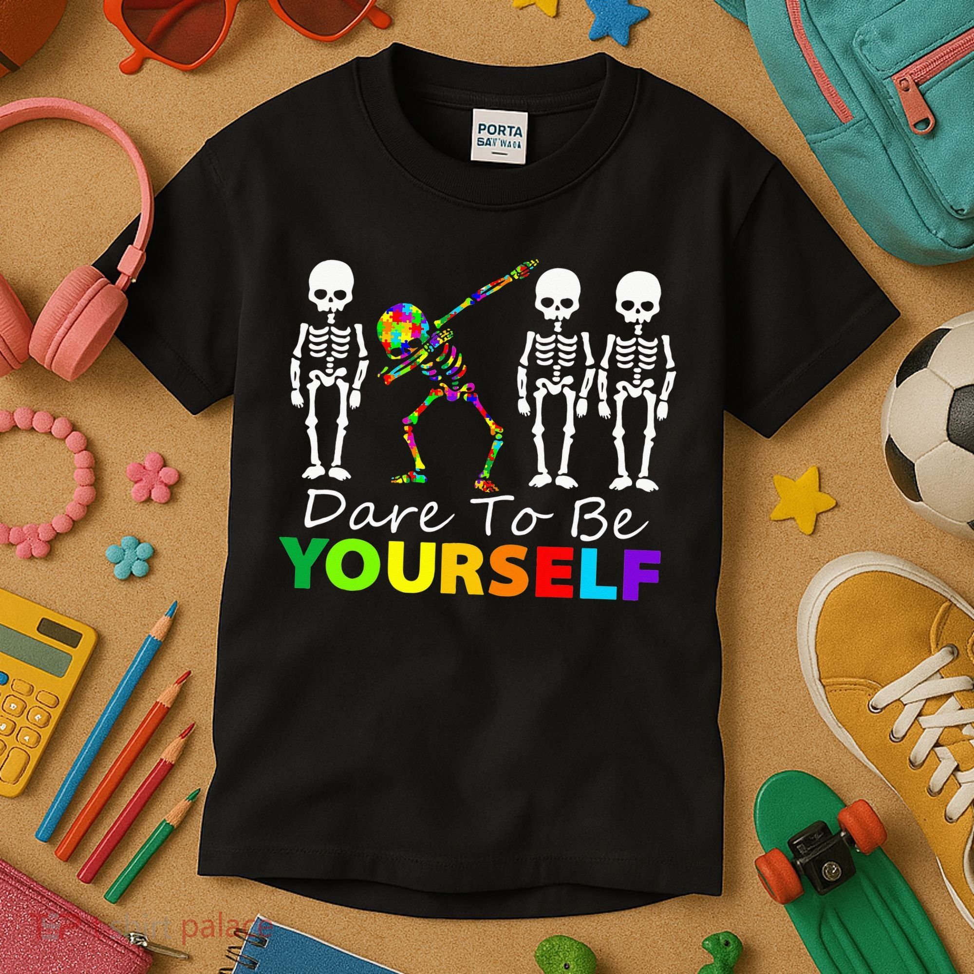 Skeleton Dabbing Dare To Be Yourself Funny Autism Kids T-Shirt
