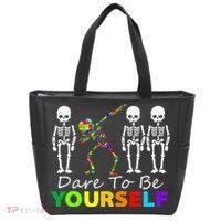 Skeleton Dabbing Dare To Be Yourself Funny Autism Tote Bag thumb 0