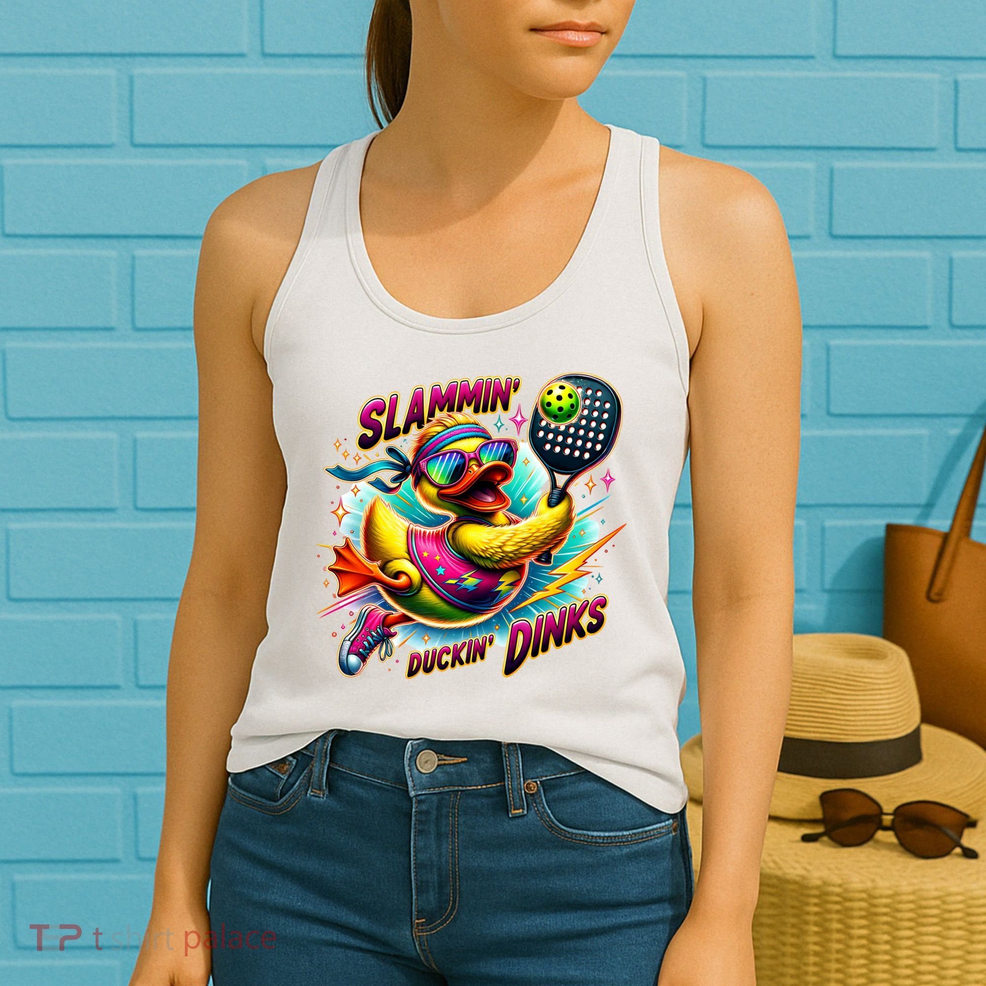 Slammin Duckin Dinks Funny Pickleball Rubber Duck Women's Tank Top