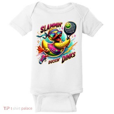 Slammin Duckin Dinks Funny Pickleball Rubber Duck Baby Bodysuit