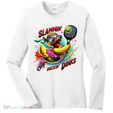 Slammin Duckin Dinks Funny Pickleball Rubber Duck Women's Long Sleeve Shirt