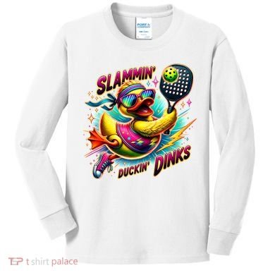 Slammin Duckin Dinks Funny Pickleball Rubber Duck Kids Long Sleeve Shirt