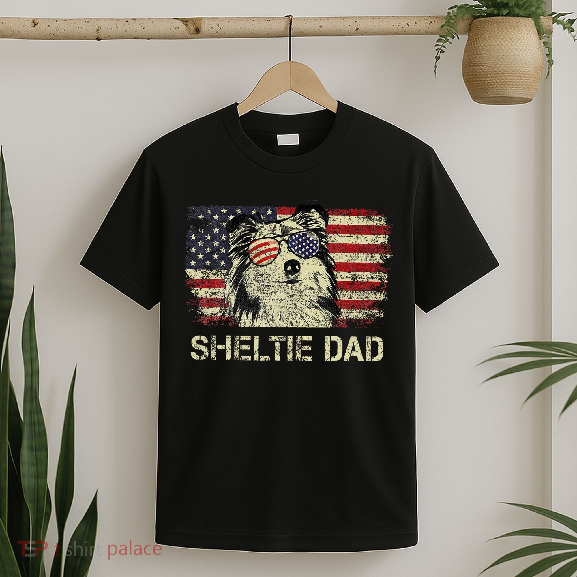 Sheltie Dad Dog Lovers American Flag 4th Of July T-Shirt