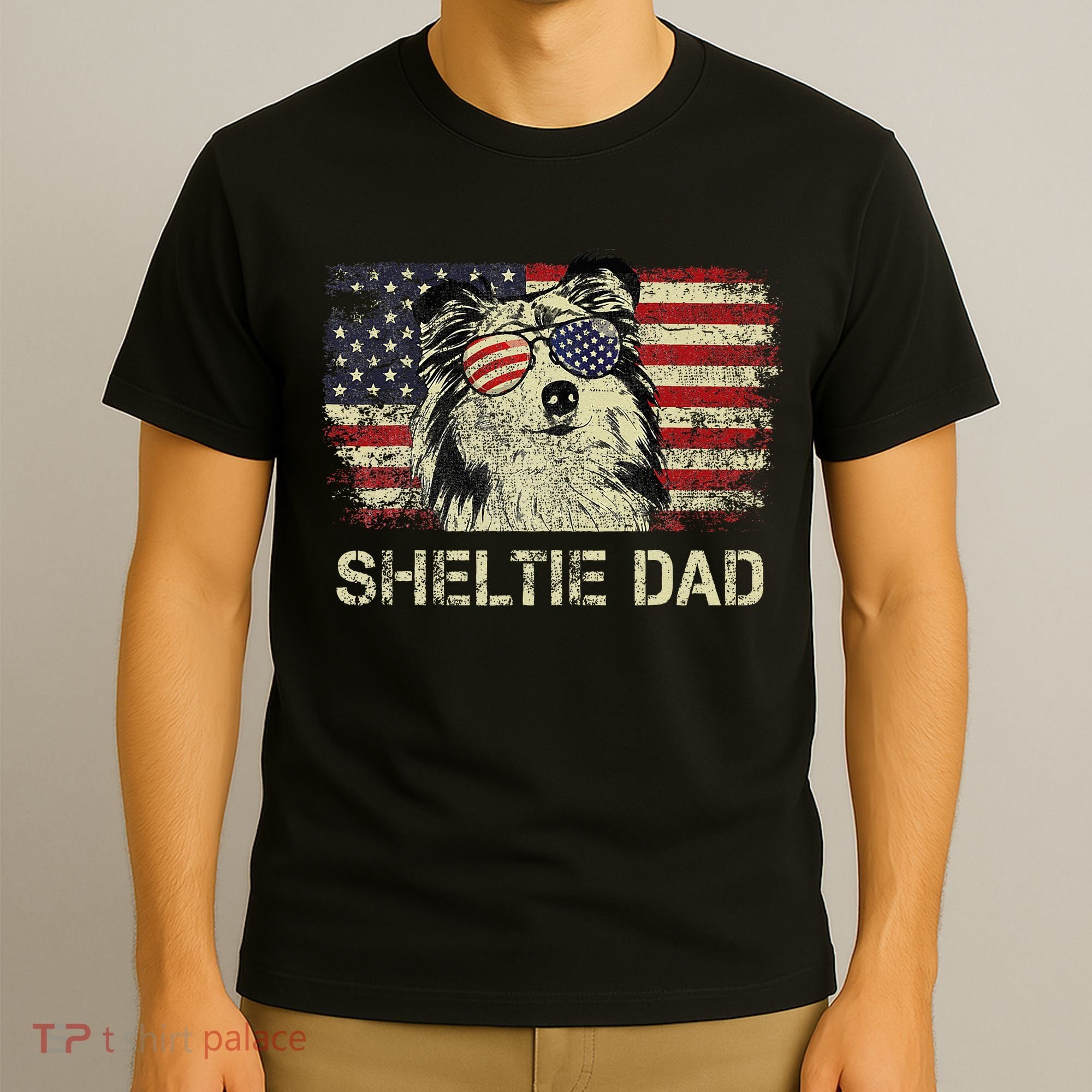 Sheltie Dad Dog Lovers American Flag 4th Of July T-Shirt