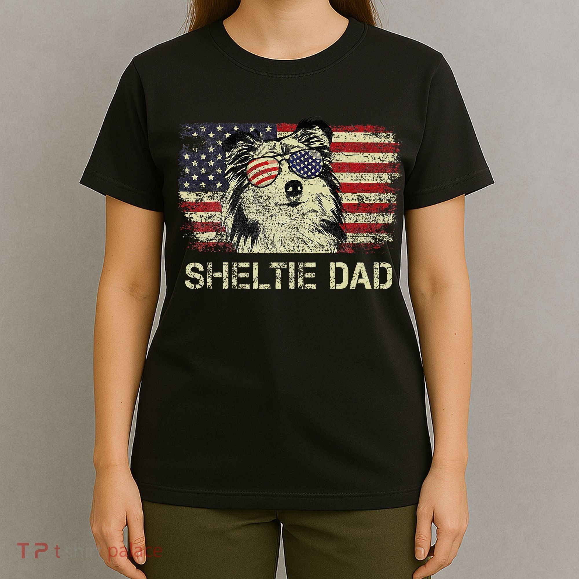 Sheltie Dad Dog Lovers American Flag 4th Of July T-Shirt