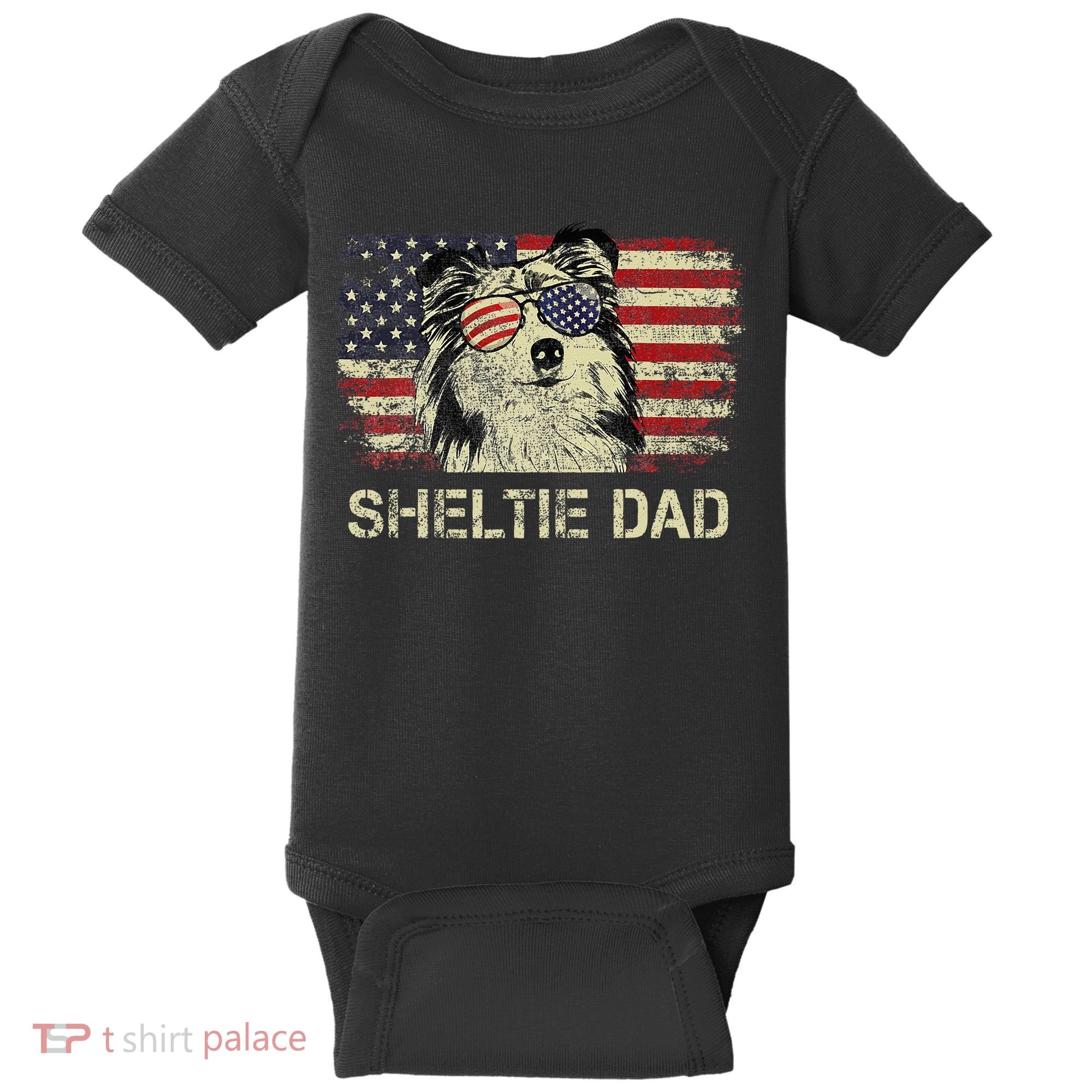 Sheltie Dad Dog Lovers American Flag 4th Of July Baby Bodysuit