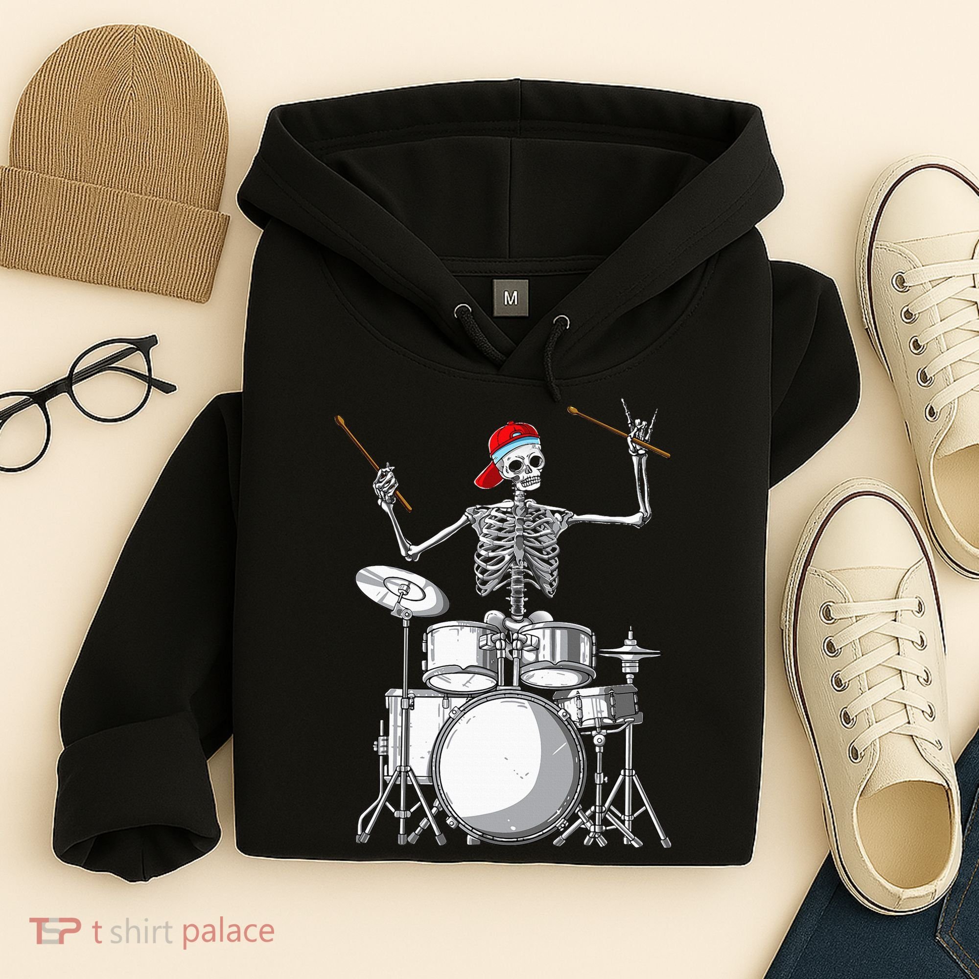 Skeleton Drummer Halloween Costume Playing Drums Gift Hoodie