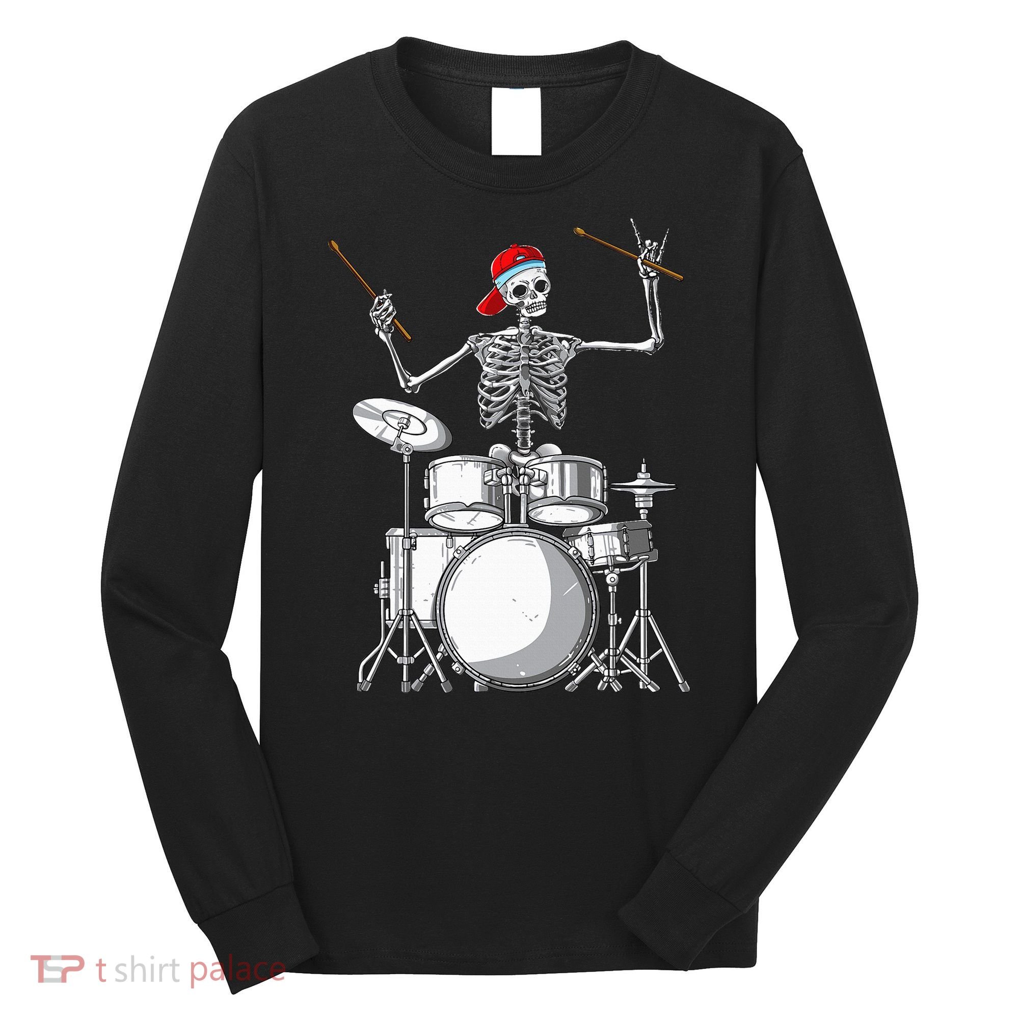 Skeleton Drummer Halloween Costume Playing Drums Gift Long Sleeve Shirt