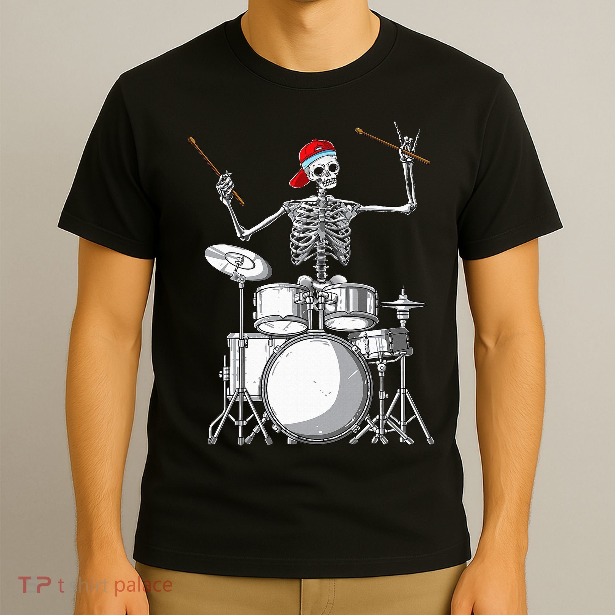 Skeleton Drummer Halloween Costume Playing Drums Gift T-Shirt