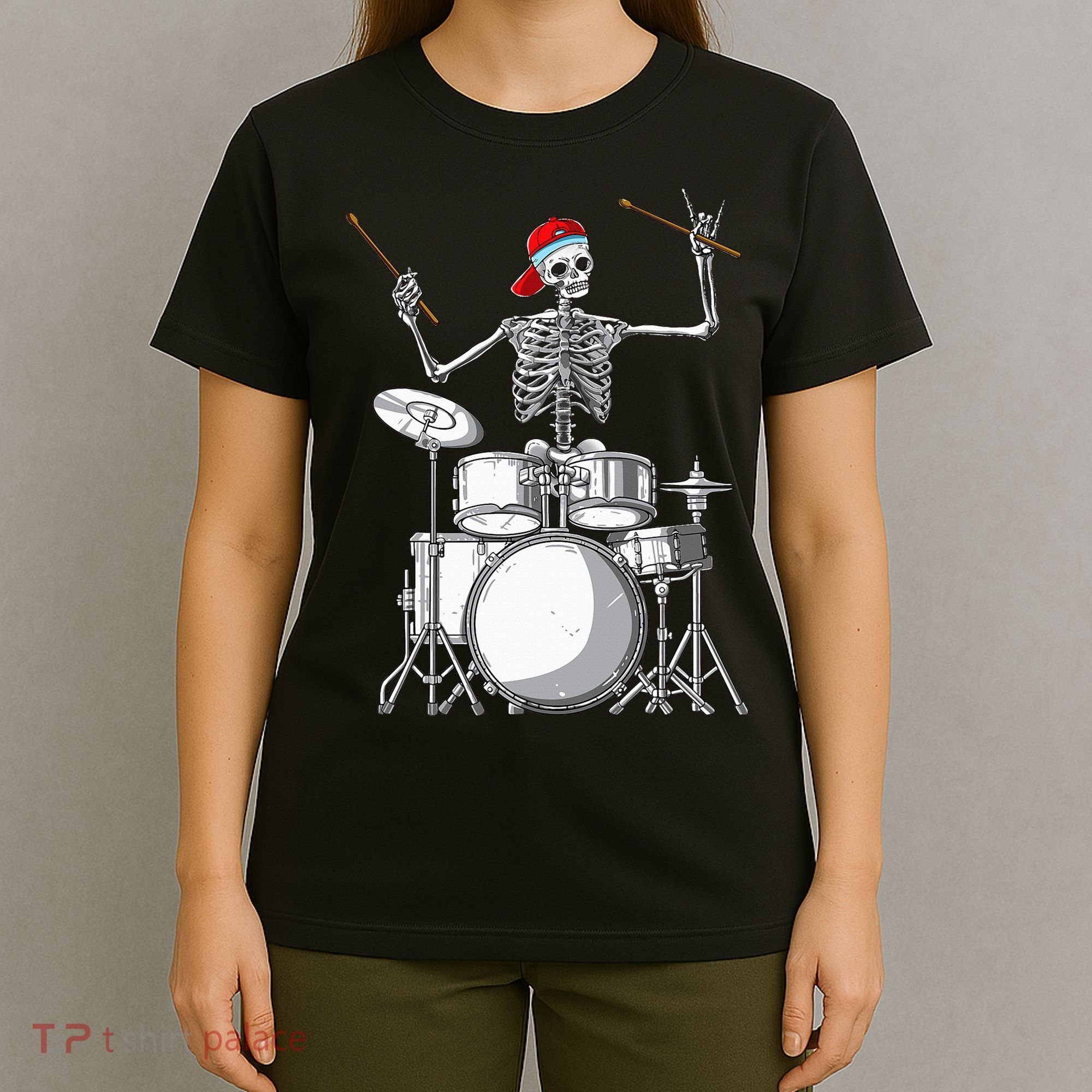 Skeleton Drummer Halloween Costume Playing Drums Gift T-Shirt