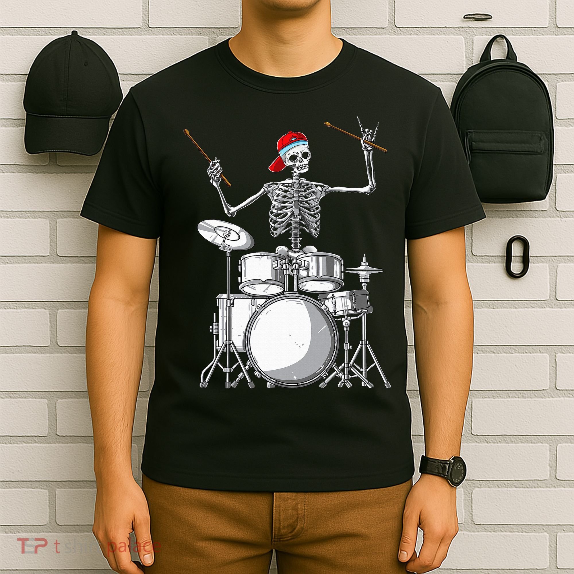 Skeleton Drummer Halloween Costume Playing Drums Gift T-Shirt