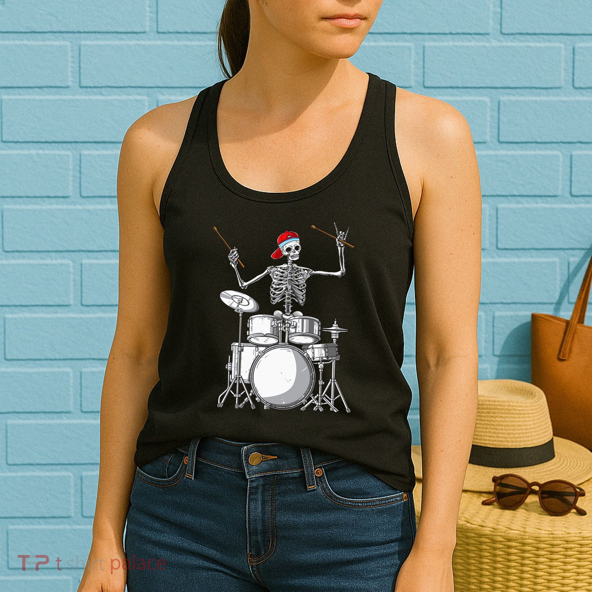 Skeleton Drummer Halloween Costume Playing Drums Gift Women's Tank Top
