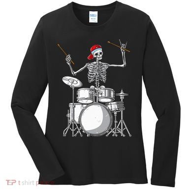 Skeleton Drummer Halloween Costume Playing Drums Gift Women's Long Sleeve Shirt