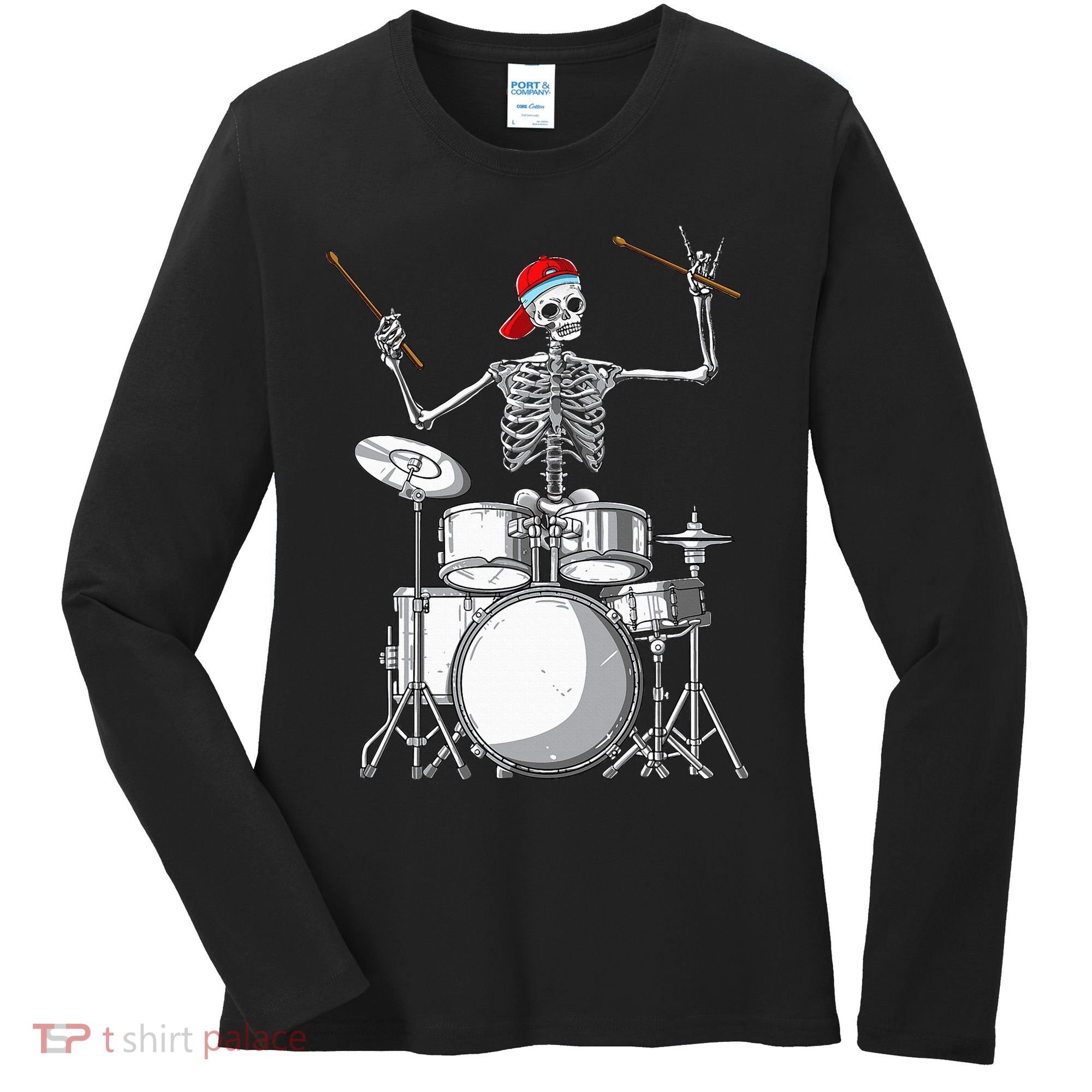 Skeleton Drummer Halloween Costume Playing Drums Gift Women's Long Sleeve Shirt