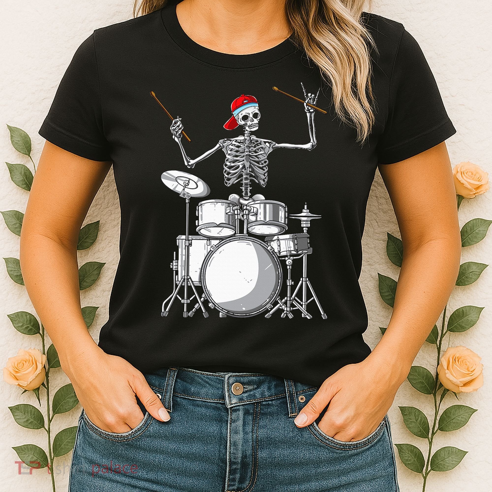 Skeleton Drummer Halloween Costume Playing Drums Gift Women's T-Shirt