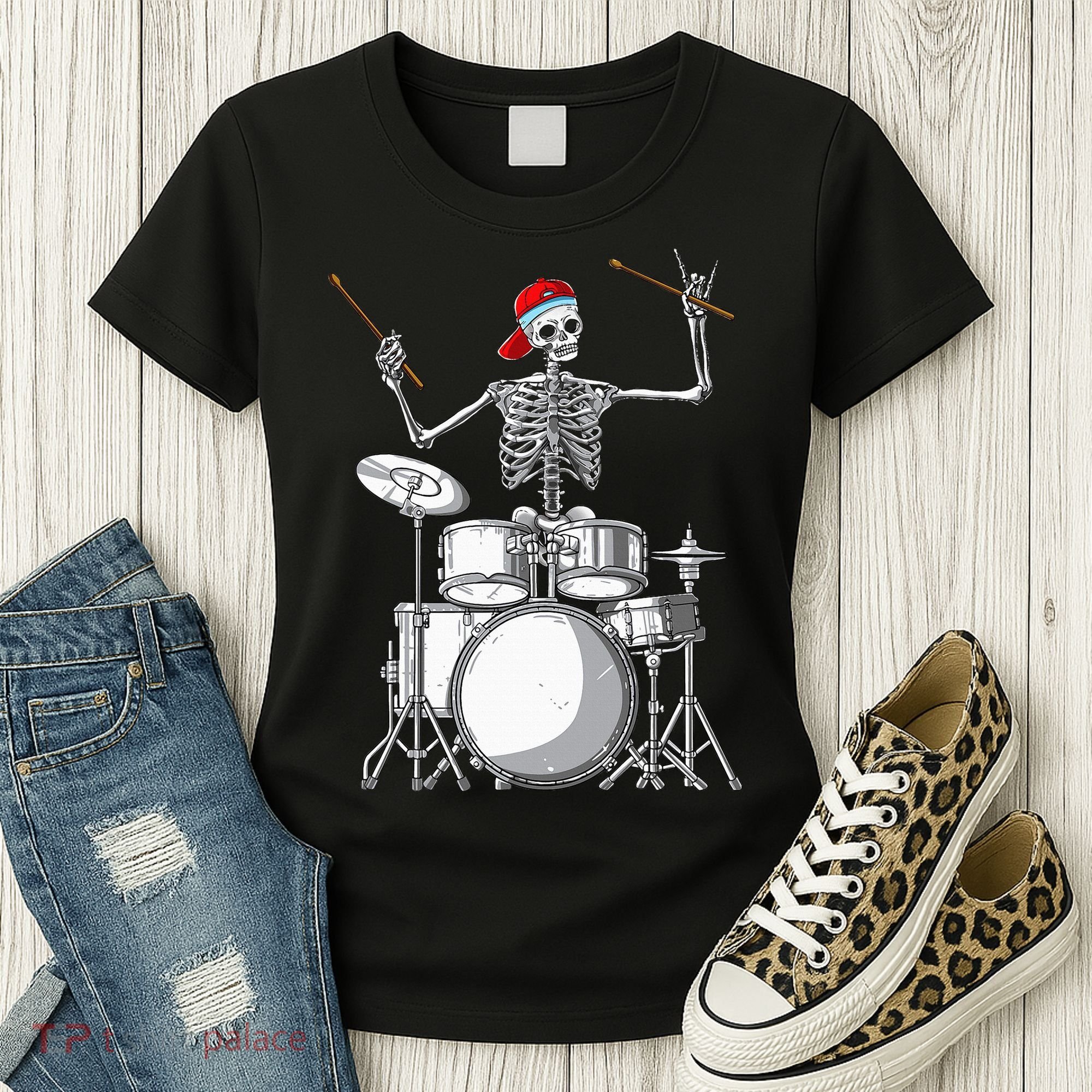Skeleton Drummer Halloween Costume Playing Drums Gift Women's T-Shirt