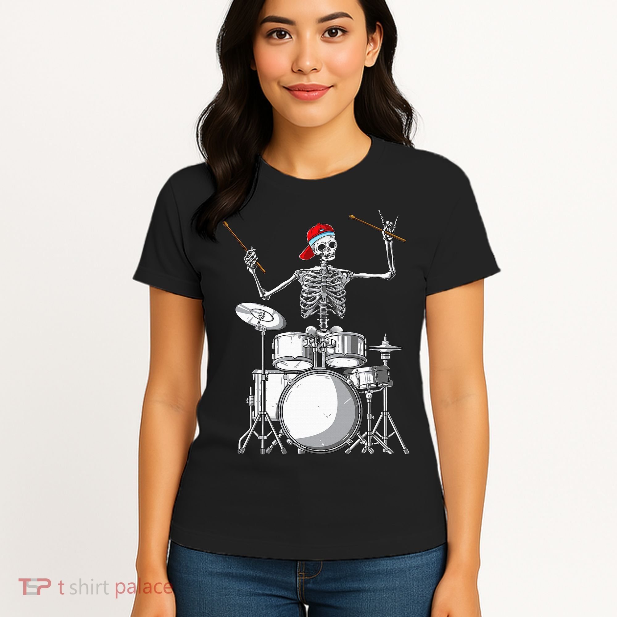 Skeleton Drummer Halloween Costume Playing Drums Gift Women's T-Shirt