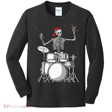 Skeleton Drummer Halloween Costume Playing Drums Gift Kids Long Sleeve Shirt