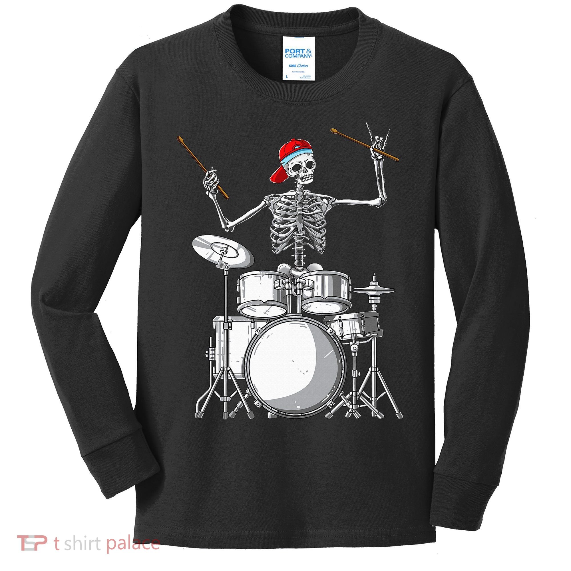 Skeleton Drummer Halloween Costume Playing Drums Gift Kids Long Sleeve Shirt