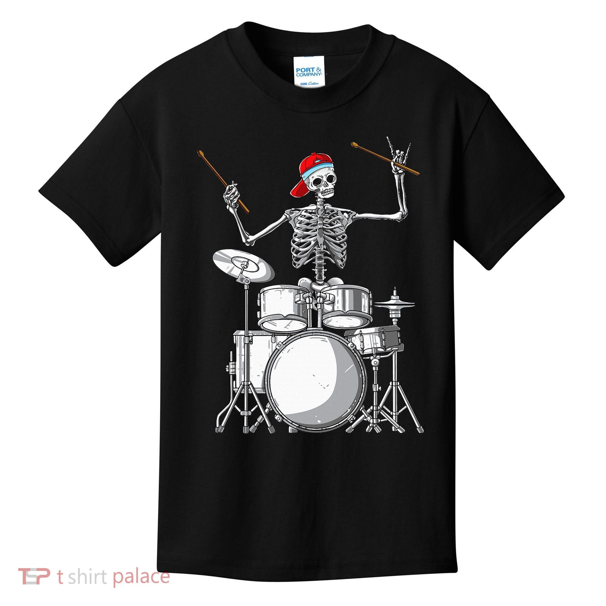 Skeleton Drummer Halloween Costume Playing Drums Gift Kids T-Shirt