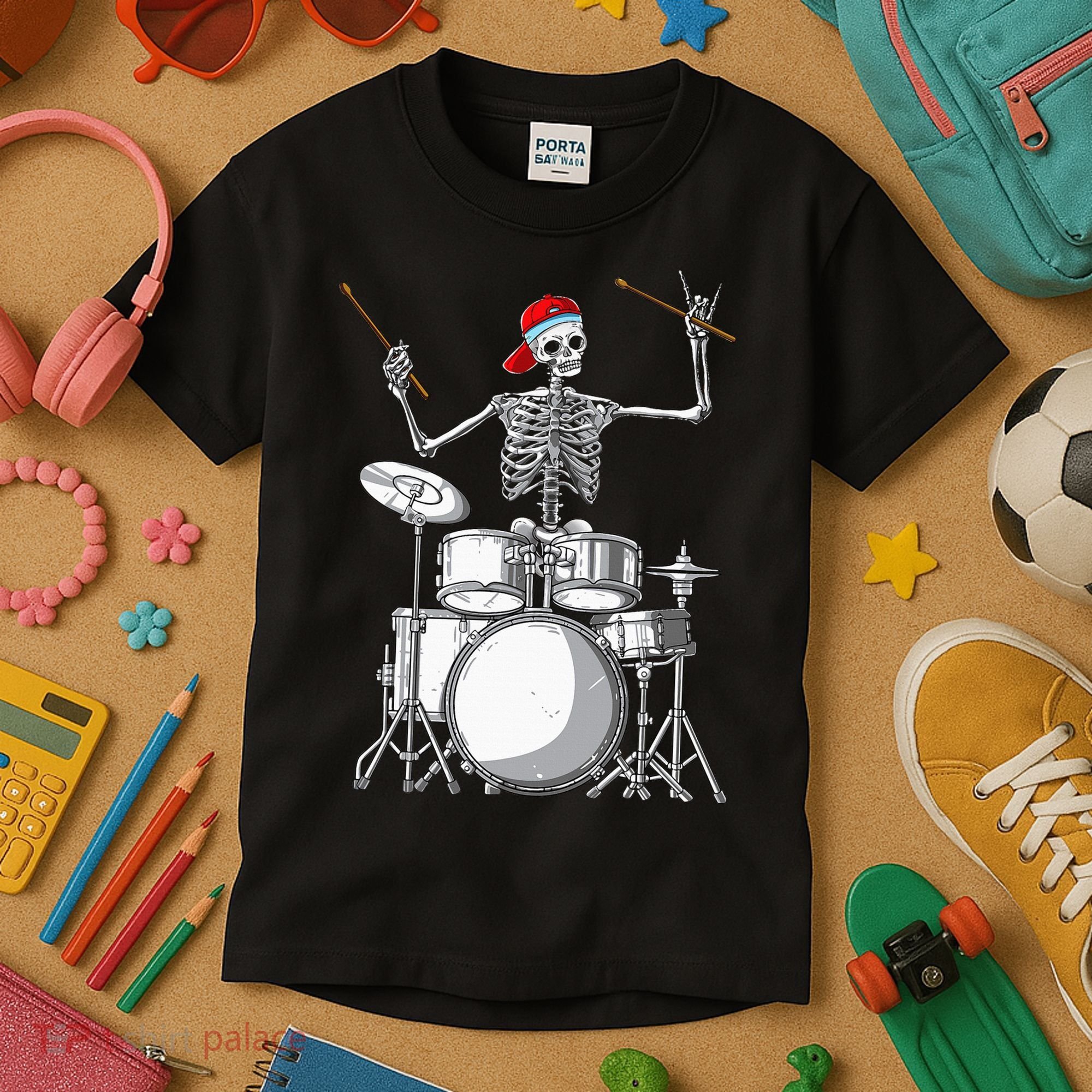 Skeleton Drummer Halloween Costume Playing Drums Gift Kids T-Shirt