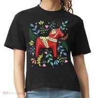 Swedish Dala Horse Folk Art Sweden Flag Dalahelmsoljd Horse Comfort Colors Boxy T-Shirt thumb 0