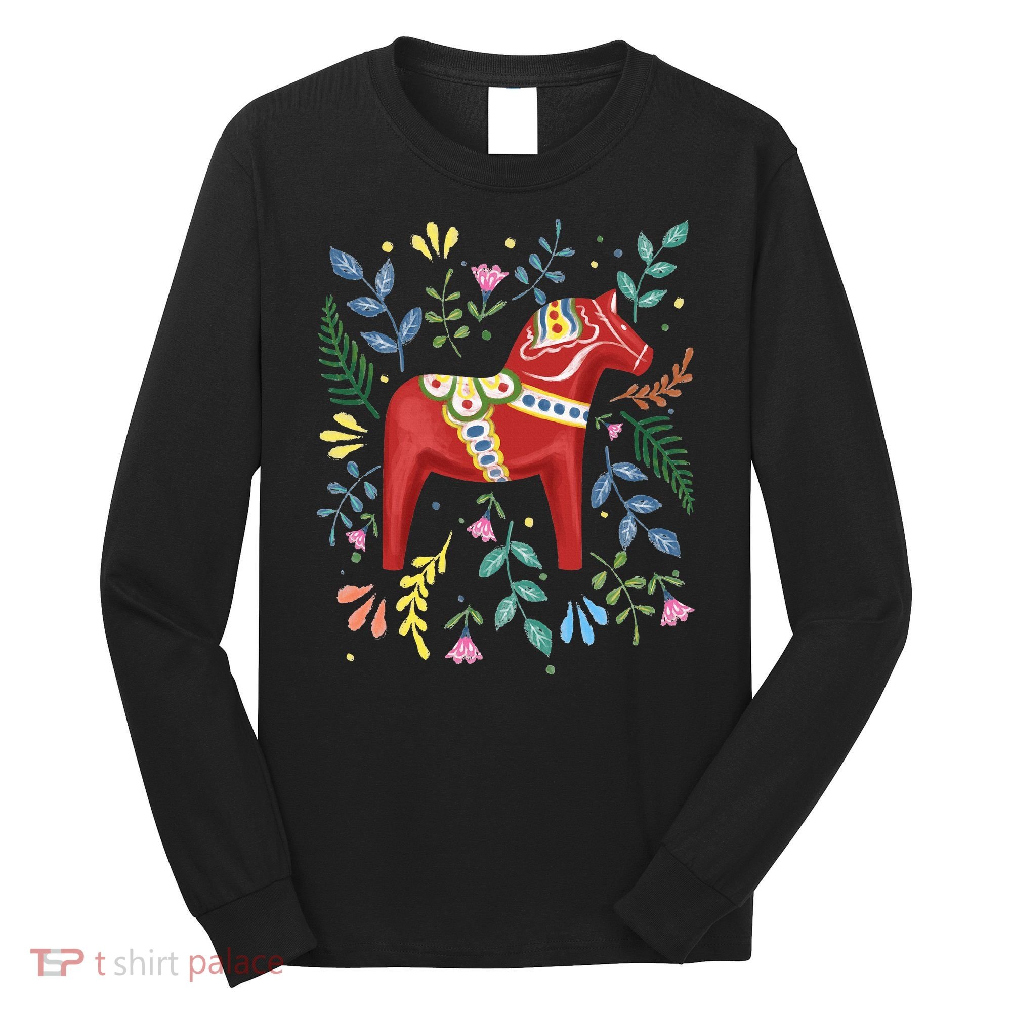 Swedish Dala Horse Folk Art Sweden Flag Dalahelmsoljd Horse Long Sleeve Shirt