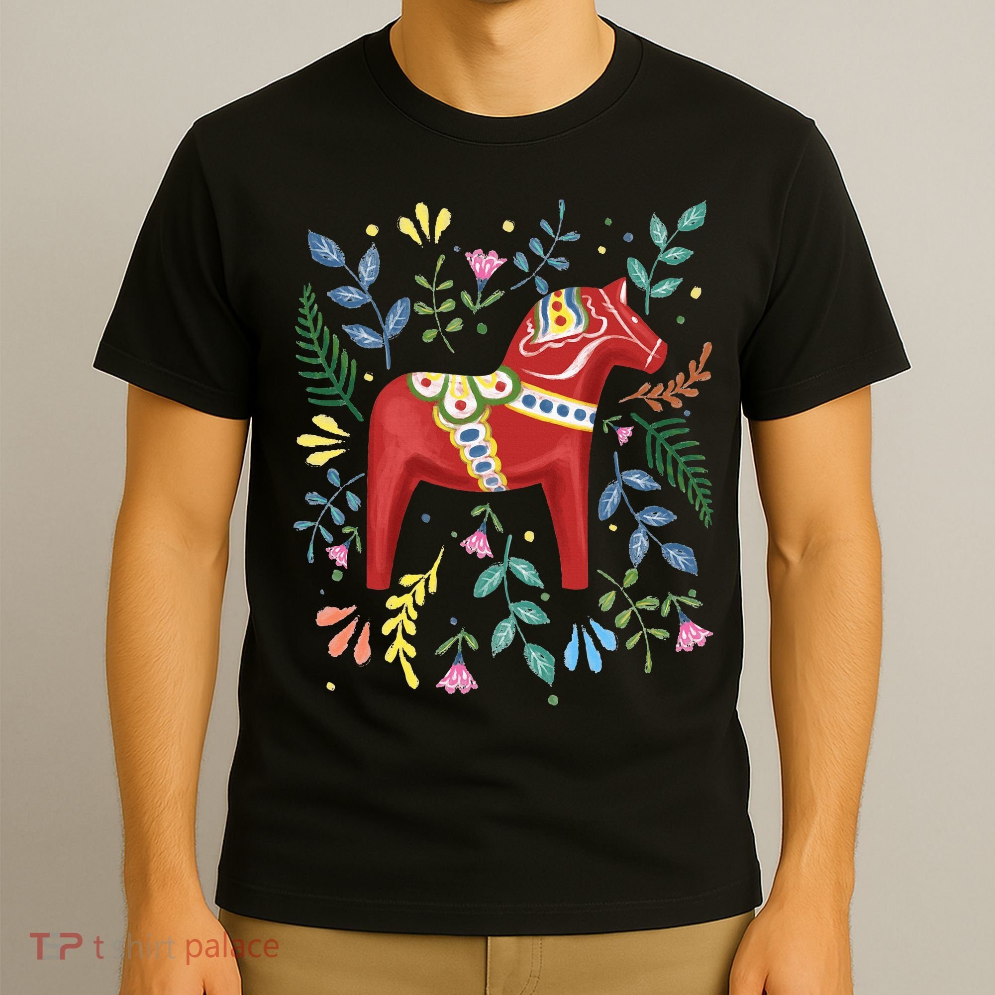 Swedish Dala Horse Folk Art Sweden Flag Dalahelmsoljd Horse T-Shirt